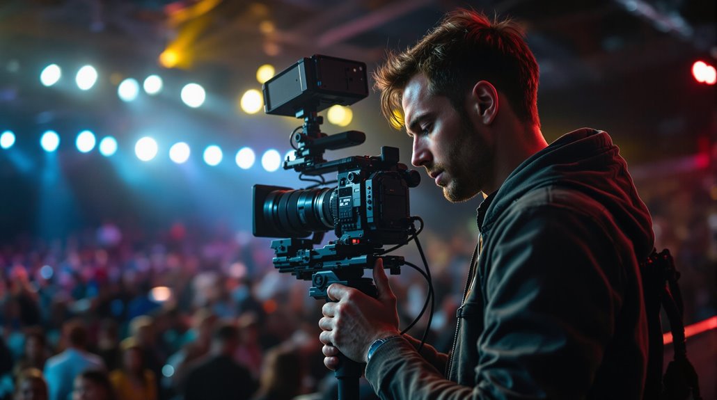 A videographer operates a professional camera on a stabilizer, focusing intently, with colorful stage lights and a blurred crowd in the background, capturing the energy of a live streaming event or concert.