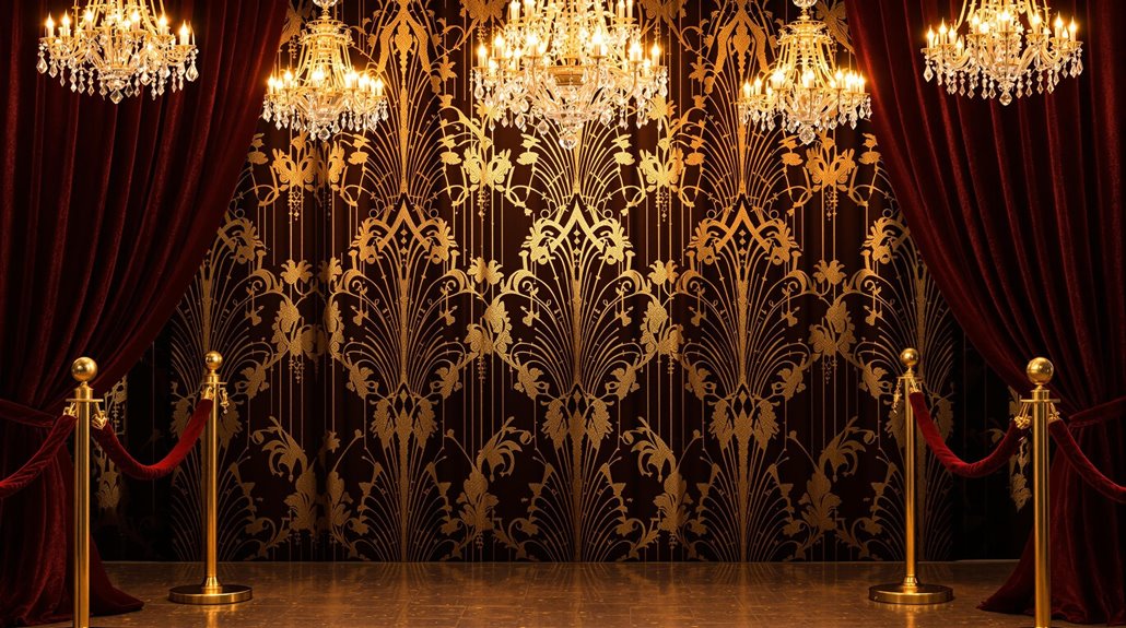 A luxurious stage with red velvet curtains, golden chandeliers, ornate gold-patterned wallpaper, and gold stanchions with red ropes—one of the top 10 photo booth backdrops to wow your guests with an elegant and opulent atmosphere.