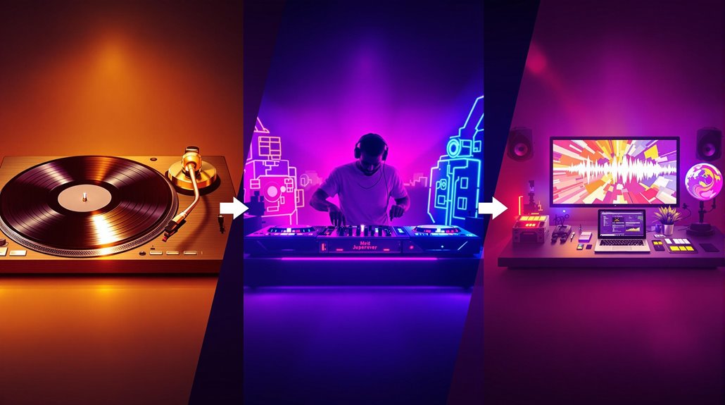 A split image showing the evolution of DJ setups: a vintage vinyl turntable on the left, a DJ mixing at a neon-lit console in the center, and a modern digital music production desk with a laptop on the right.