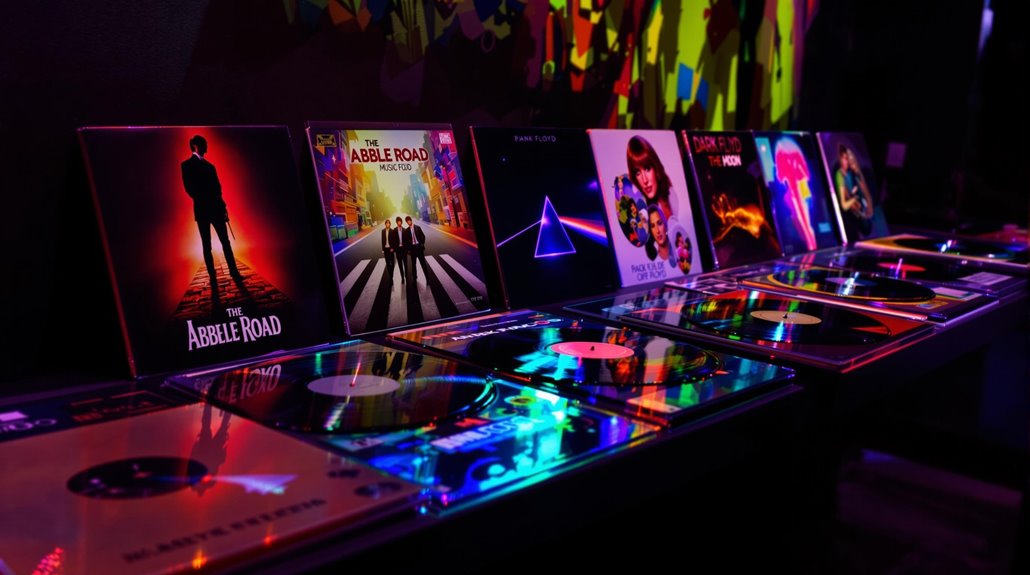A row of colorful vinyl record albums displayed on a table, featuring iconic cover art like Abbey Road and The Dark Side of the Moon, shines under neon lights—perfect top prizes for any music bingo event.
