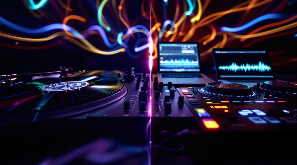 A vibrant DJ setup with digital turntables, a mixer, and a laptop displaying music waveforms, set against a dark background with colorful light trails swirling in the air.