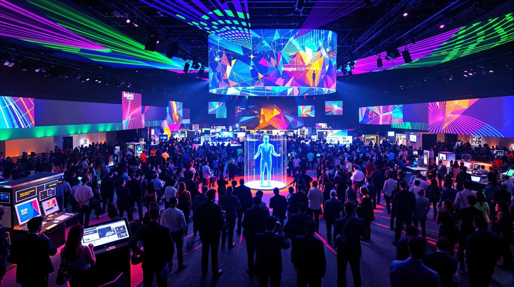 A large crowd attends a vibrant tech event in a spacious hall, illuminated by colorful geometric lights and digital projections, blending interactive entertainment and engagement with displays, screens, and a digital human figure on center stage.