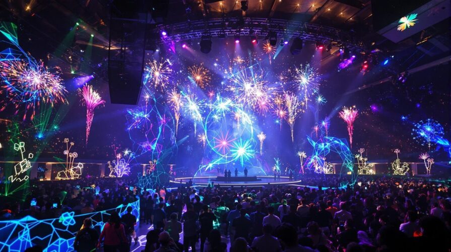 A large crowd watches a vibrant stage show with colorful lights, digital graphics, and dazzling visual effects, as fireworks displays fill the air, creating a festive and energetic atmosphere indoors.