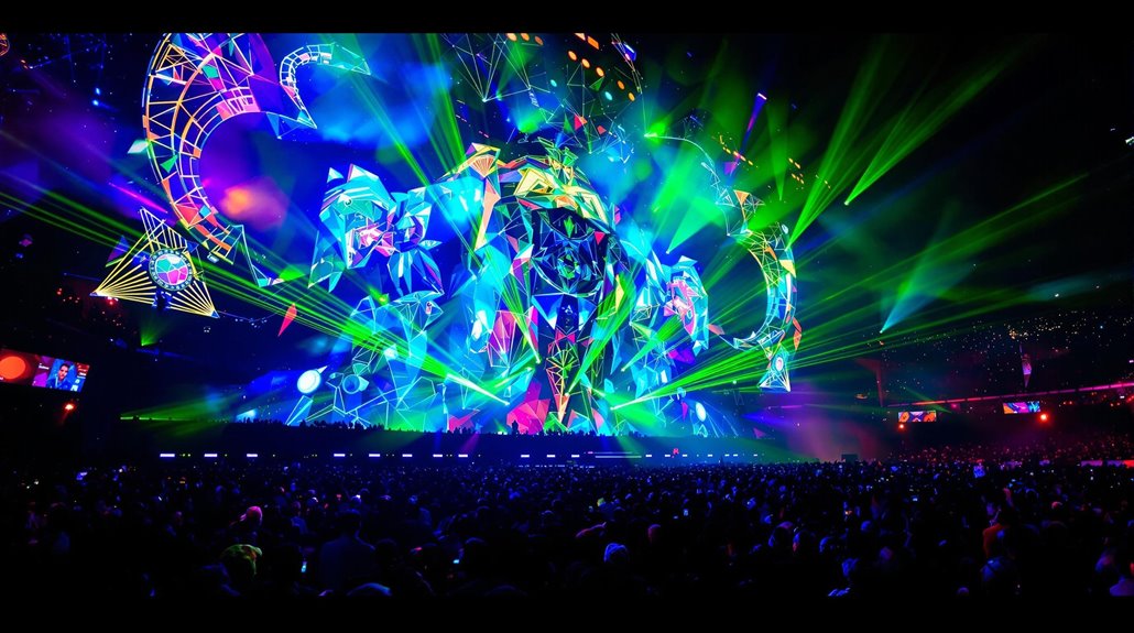 A large crowd watches a vibrant stage show with bright neon lights, lasers, and colorful geometric decorations, enhanced by cutting-edge visual effects for a lively and futuristic atmosphere at an indoor concert or festival.