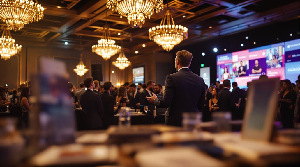 A well-dressed person speaks on stage to an audience at a formal corporate event marketing gathering in a grand ballroom, with chandeliers overhead and digital presentation screens captured through professional photography.