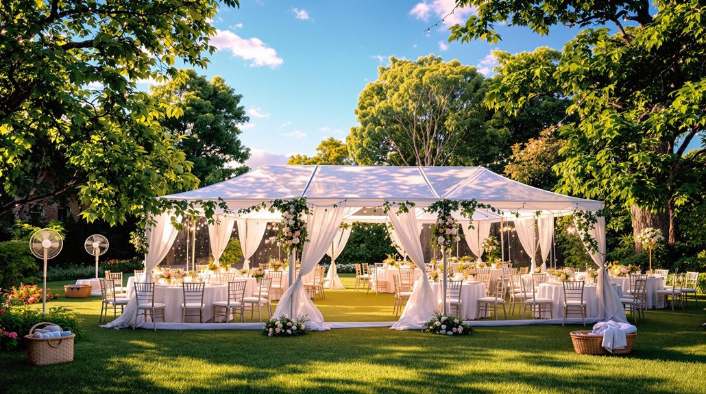 A white outdoor wedding tent is decorated with draped fabric and floral arrangements, creating the perfect setting for a memorable wedding reception, with baskets and flowers enhancing the festive atmosphere on a green lawn under leafy trees.