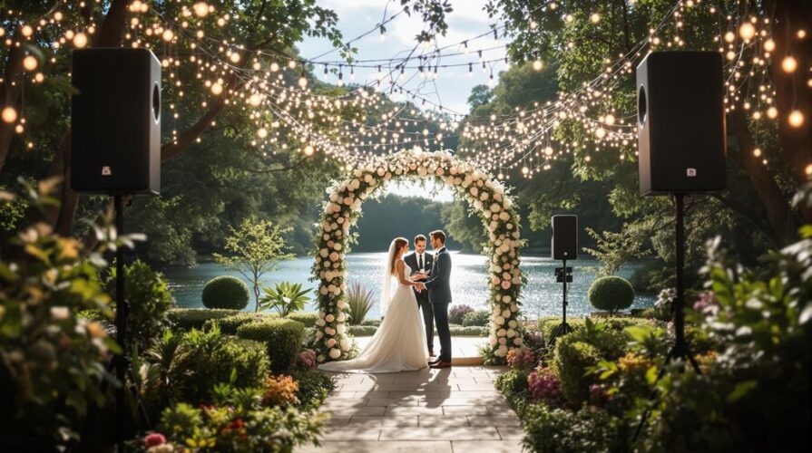 A bride and groom stand under a floral arch at an outdoor wedding, with greenery, string lights, and a scenic lake in the background. Two large speakers provide seamless wedding day audio, ensuring every cherished moment is heard by all.
