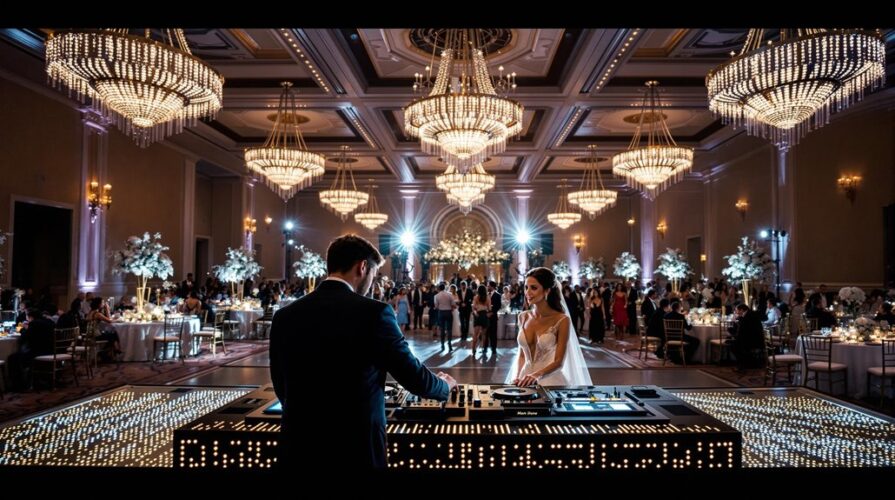 A DJ for weddings plays music at an elegant reception in a grand ballroom with large chandeliers, as a bride in a white gown stands nearby and guests mingle in the background.