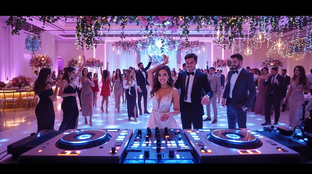 A bride and groom stand behind a DJ booth at a lively, elegant wedding reception, where guests dance under hanging flowers and lights in a beautifully decorated hall—showcasing the magic of our Wedding DJ Packages.