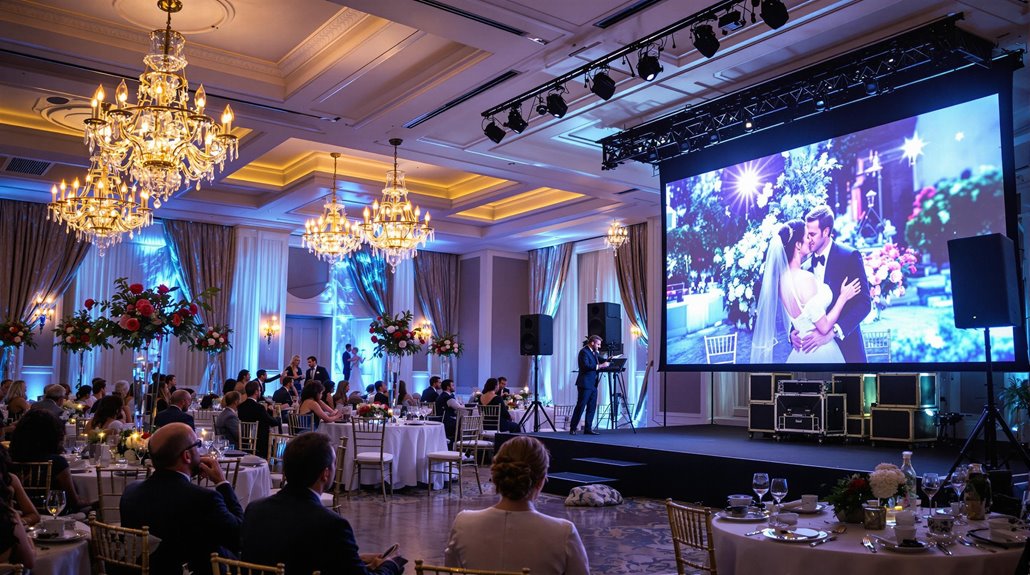 A formal wedding reception with visual coordination features guests seated at round tables, elegant chandeliers, floral centerpieces, and a large screen showing a photo of a couple kissing on their wedding day.