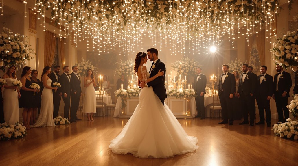 A bride and groom share a first dance to their favorite wedding songs in an elegant ballroom decorated with hanging lights, flowers, and candles, surrounded by their wedding party dressed in formal attire.