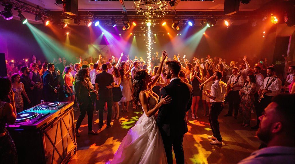 A bride and groom share a romantic dance on a lively, colorful dance floor as a wedding DJ keeps the energy high, surrounded by cheering guests and bright party lights at a wedding reception.