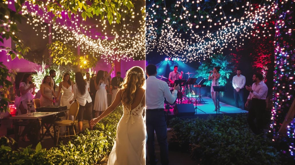 A bride in a white dress walks toward a lively outdoor wedding reception, where guests enjoy vibrant wedding music from a live band under string lights and colorful lighting among lush greenery at night.