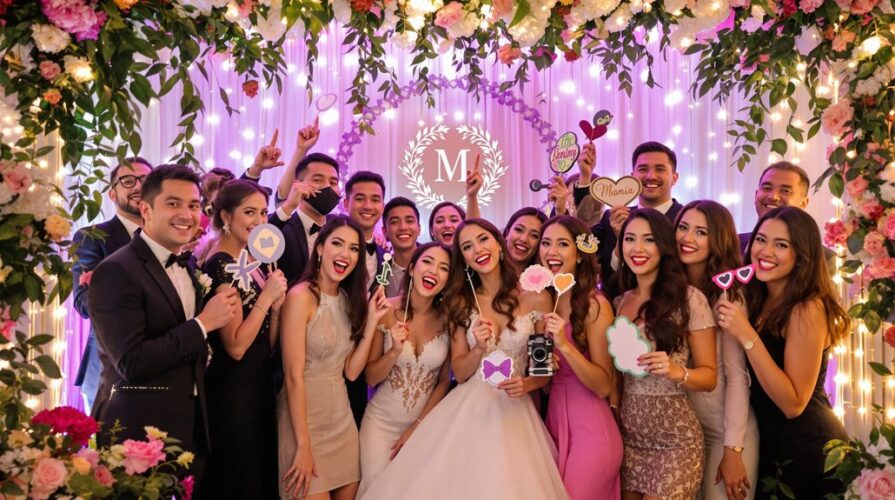 A joyful bride and groom pose with friends at a wedding photo booth, surrounded by flowers and twinkling lights. Guests hold playful props and smile widely, capturing memorable moments in a festive and celebratory atmosphere.