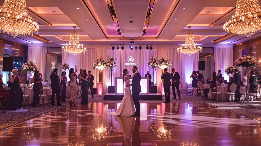 A bride and groom share their first dance in an elegant ballroom, surrounded by guests, chandeliers, floral arrangements, and purple lighting, as a DJ booth sets the tone for an unforgettable wedding reception.