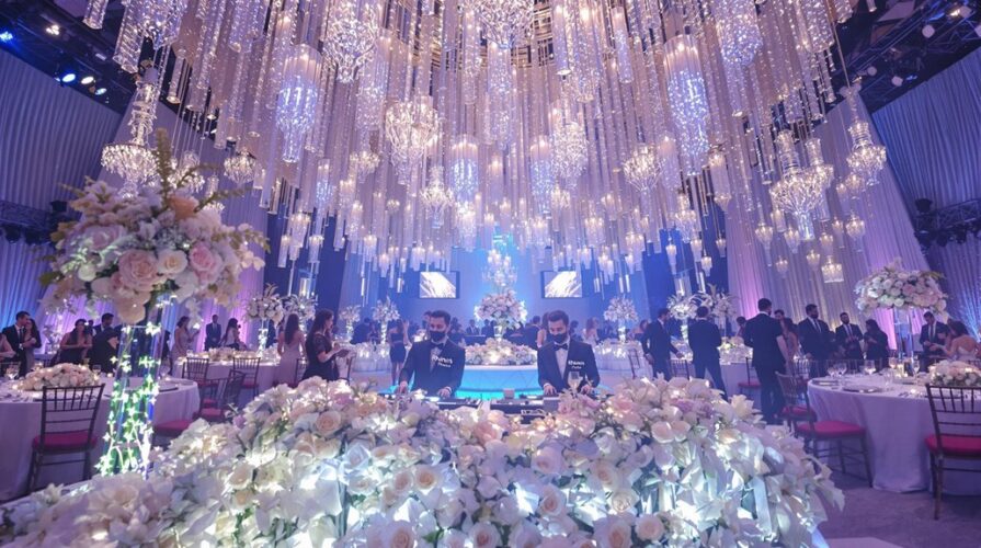 A luxurious Rhinos wedding reception with cascading crystal chandeliers, white floral arrangements, elegantly set tables, and two DJs performing at the center, surrounded by guests in formal attire.
