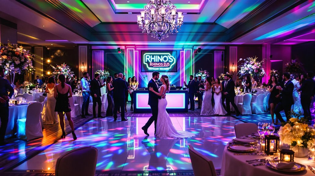 A couple dances on a lit-up dance floor at a wedding reception, surrounded by guests, colorful lights, elegant décor, and floral centerpieces, with the Rhinos DJs booth glowing in the background.