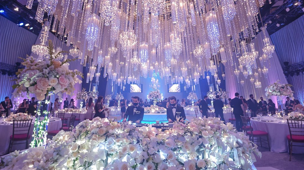A luxurious Rhinos wedding reception with cascading crystal chandeliers, white floral arrangements, elegantly set tables, and two DJs performing at the center, surrounded by guests in formal attire.
