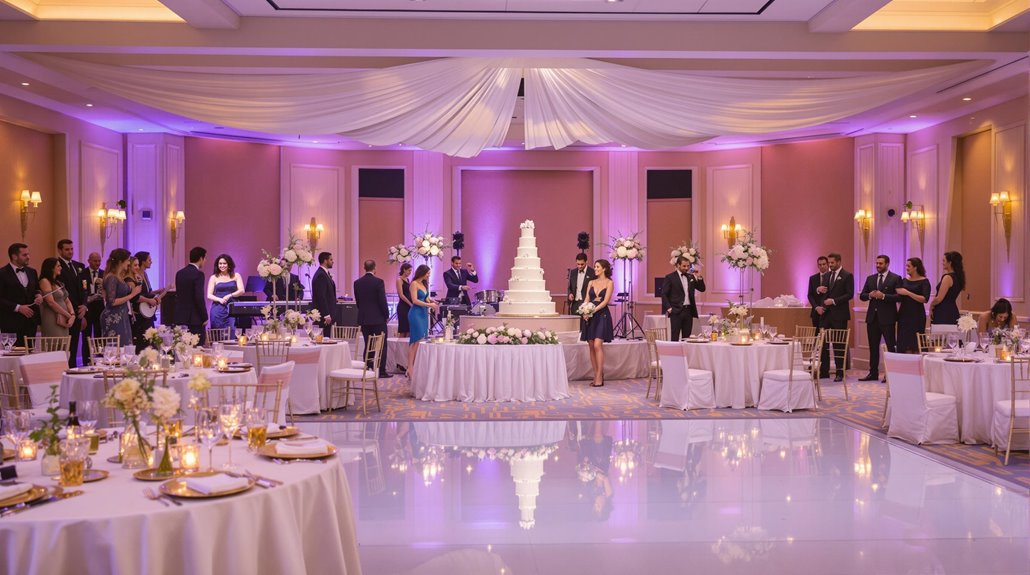 Elegant ballroom with purple lighting, featuring a tall white wedding cake at the center. Guests in formal attire mingle around decorated tables with white flowers and candles—a picture-perfect scene for any wedding planning or wedding reception timelines guide.
