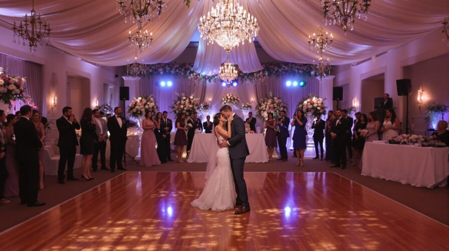 A bride and groom share their first dance in a lavishly decorated ballroom, surrounded by wedding guests. Elegant chandeliers, draped fabric, and floral arrangements reflect expert wedding planning for a romantic, festive atmosphere.