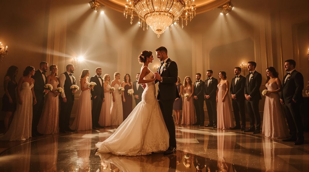 A bride and groom share their first surprise dance under a grand chandelier, surrounded by their wedding party in elegant gowns and tuxedos, in a warmly lit, luxurious ballroom.