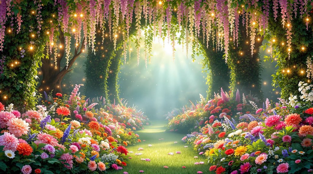 A vibrant garden pathway is lined with colorful flowers and lush greenery, making it one of the top 10 photo booth backdrops to wow your guests. Sunlight filters through overhanging vines, creating a magical, enchanting atmosphere with glowing lights.