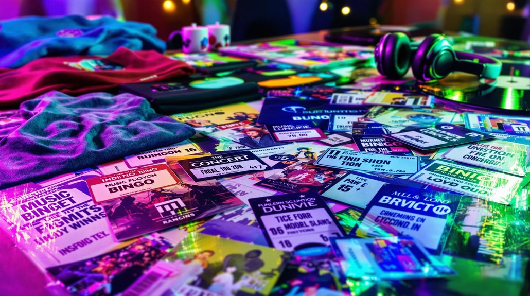 A colorful table is scattered with music bingo prizes like concert tickets, headphones, mugs, and vinyl records, all under vibrant neon lights creating a lively and festive atmosphere perfect for any music bingo event.