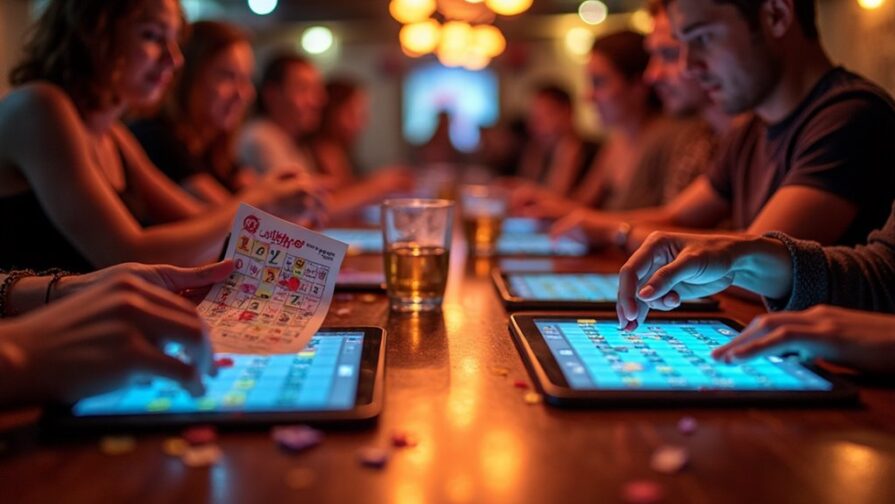 A group of people sits around a table playing digital bingo games on tablets, with drinks and bingo cards scattered on the wooden surface under warm, ambient lighting.