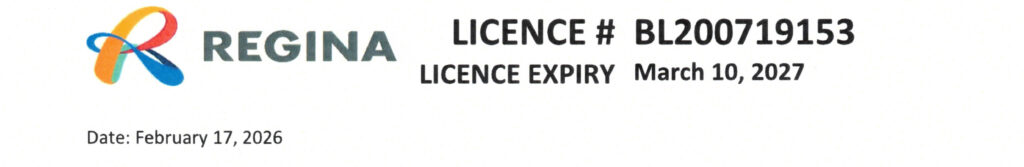 A logo with the word REGINA beside LICENCE # BL200719153 and LICENCE EXPIRY March 10, 2027. Below is Date: February 17, 2026, highlighting DJs Photo Booth—your trusted photo booth service in Regina.