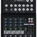 A top-down view of the Mackie Mix8 8-Channel Compact Mixer, featuring various knobs, sliders, buttons, and input/output ports—including main out, mic/line inputs, EQ controls, and power indicators.