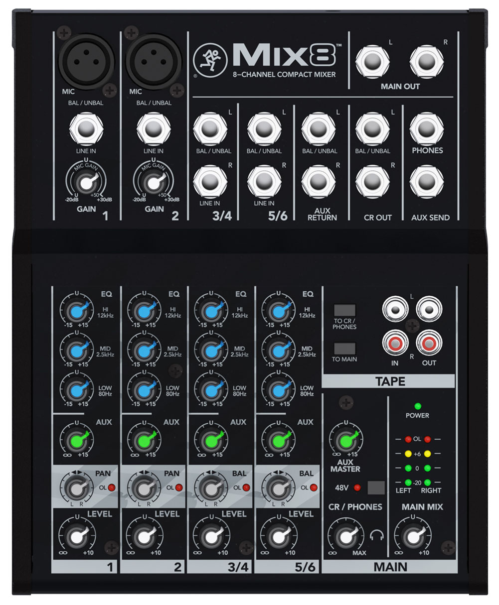 A top-down view of the Mackie Mix8 8-Channel Compact Mixer, featuring various knobs, sliders, buttons, and input/output ports—including main out, mic/line inputs, EQ controls, and power indicators.