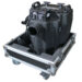 A large black Chauvet Nimbus fog machine sits inside a protective rolling case with foam padding, metal edges, and caster wheels, designed for easy transport and safe storage of dry ice equipment and low lying fog effects.