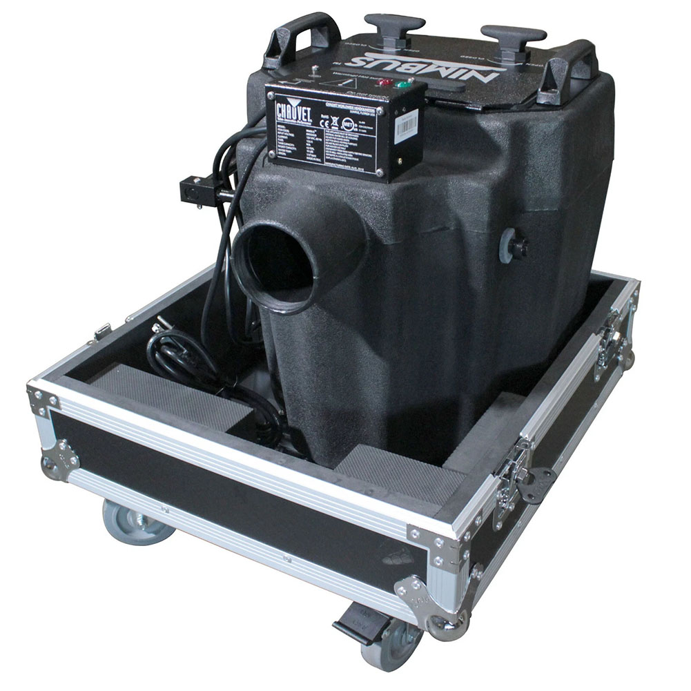 A large black Chauvet Nimbus fog machine sits inside a protective rolling case with foam padding, metal edges, and caster wheels, designed for easy transport and safe storage of dry ice equipment and low lying fog effects.