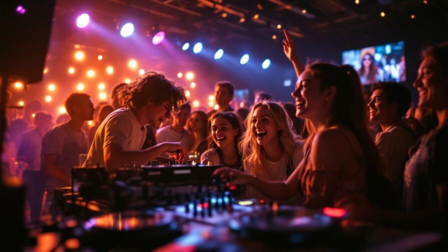 A DJ plays music at a lively nightclub, surrounded by cheering young people dancing and smiling under colorful lights, creating an energetic party atmosphere reminiscent of a back-to-school dance, complete with trendy DJs and fun photo booths.