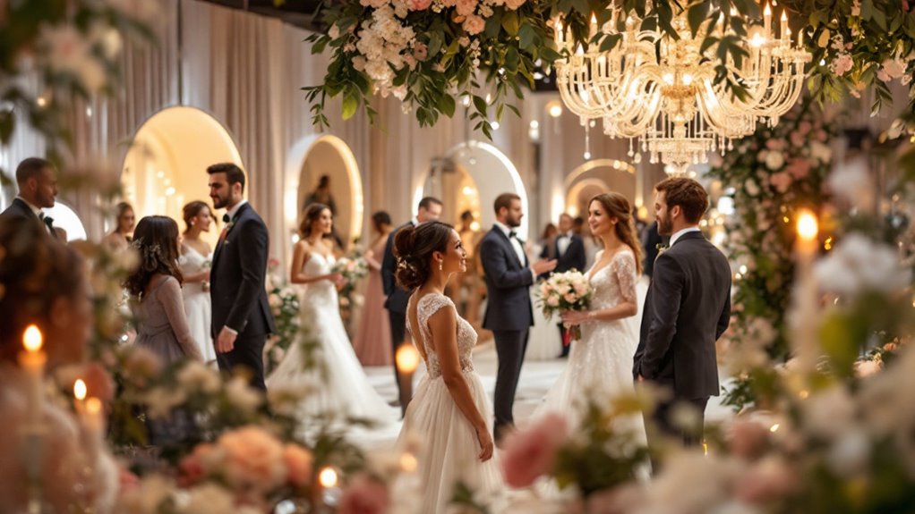 Elegant wedding reception with guests in formal attire, chandeliers, floral arrangements, and soft lighting. Brides and grooms stand together at this beautiful 2026 Regina event, surrounded by friends and family in a hall reminiscent of a Bridal Show’s stunning décor.