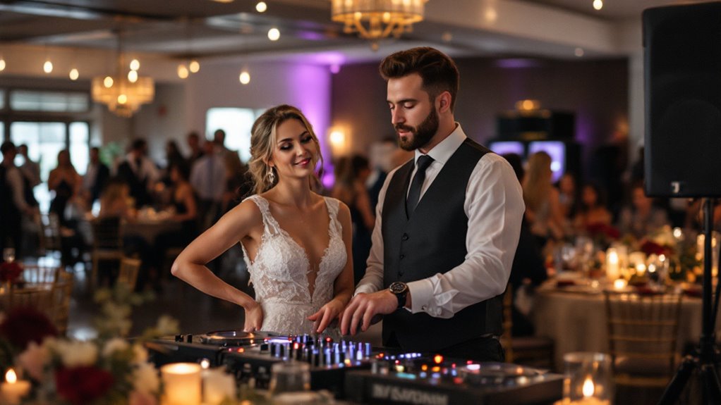 A bride in a white lace dress watches a DJ for event in a vest and tie spin tracks at a Moose Jaw wedding reception, with guests mingling around candlelit tables in the background.