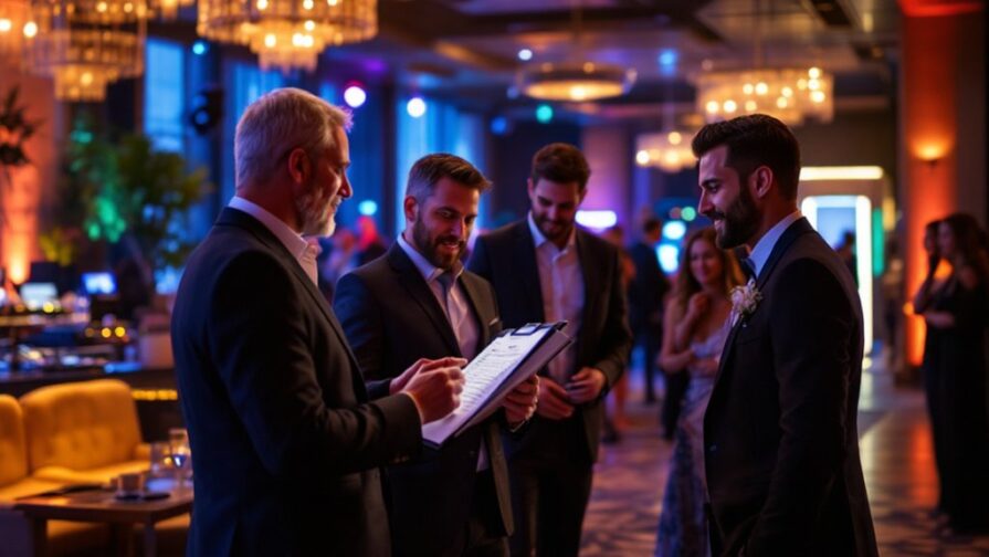 Four men in suits stand together at a formal event, possibly discussing an Entertainment Checklist for the evening. One holds a clipboard, engaging the others in what seems to be a conversation about Corporate Event Planning. Warm lighting, chandeliers, and blurred attendees create an elegant, celebratory atmosphere in the background—an ideal setting for sophisticated gatherings in Regina.