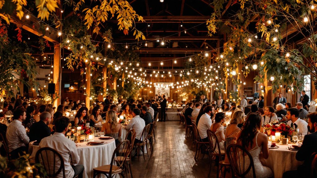 A warmly lit, rustic fall wedding reception in Saskatchewan features long wooden tables, string lights overhead, lush greenery, and guests seated, enjoying dinner and conversation. The atmosphere is festive and inviting, perfectly capturing cozy décor tips for the season.