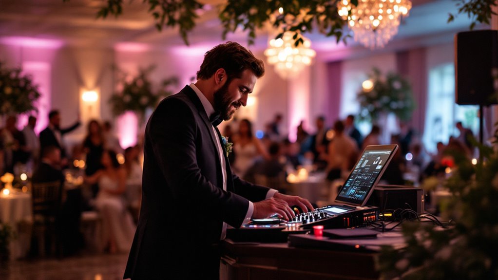 A great wedding DJ in a suit mixes music at an elegant indoor event with guests dancing and chandeliers overhead, illuminated by soft pink and purple lighting.
