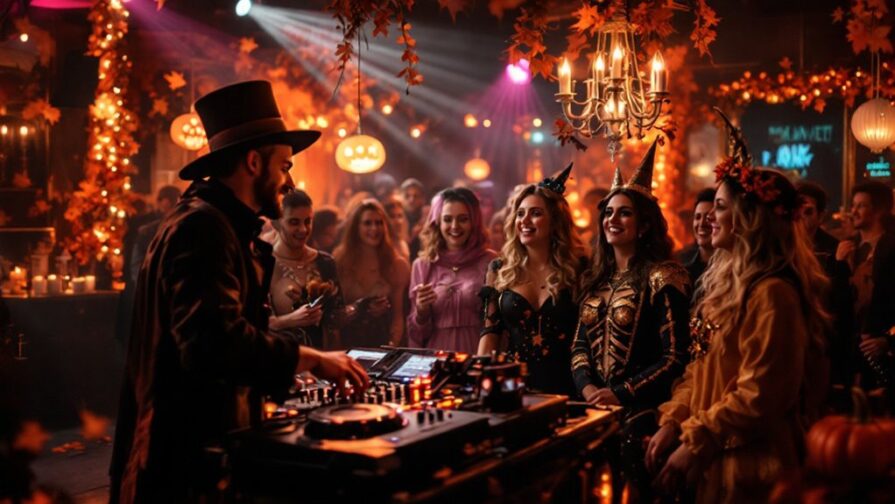 A Halloween Party DJ in a top hat plays music for a group of women in Halloween costumes at a festive, autumn-themed gathering decorated with orange leaves and glowing lights—perfect inspiration for Regina Events or anyone seeking creative Photo Booth Ideas.