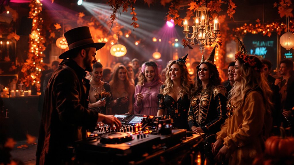 A Halloween Party DJ in a top hat plays music for a group of women in Halloween costumes at a festive, autumn-themed gathering decorated with orange leaves and glowing lights—perfect inspiration for Regina Events or anyone seeking creative Photo Booth Ideas.
