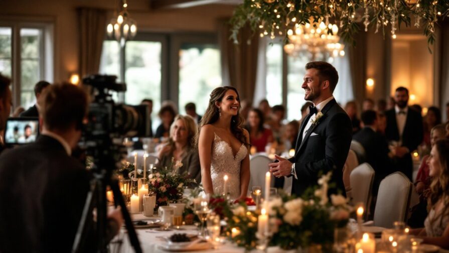 A bride and groom stand smiling at their wedding reception, surrounded by guests, candles, and flowers, while a camera crew films the scene in a warmly lit, elegant venue for professional wedding streaming.