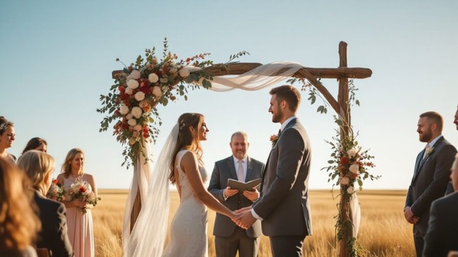 A bride and groom hold hands under a floral arch outdoors, surrounded by guests and a celebrant, during a sunny Saskatchewan wedding ceremony in a beautiful field.