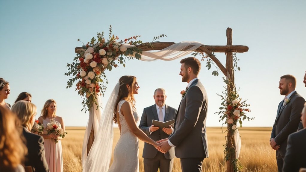 A bride and groom hold hands under a floral arch outdoors, surrounded by guests and a celebrant, during a sunny Saskatchewan wedding ceremony in a beautiful field.