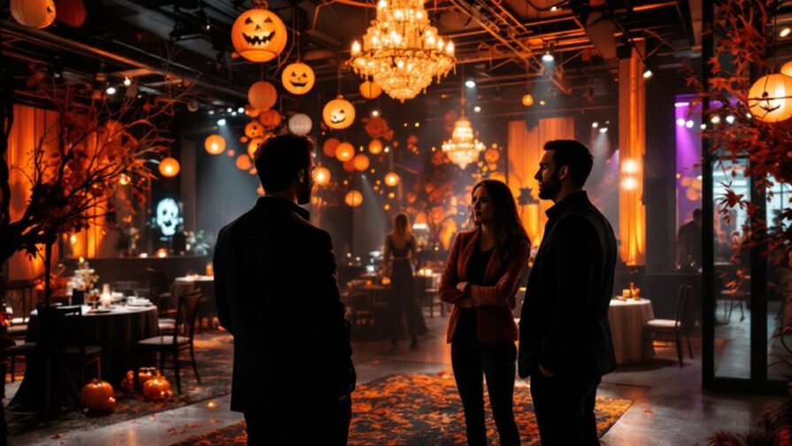 Three people stand talking at a stylish Halloween corporate party in Regina, with chandeliers, jack-o-lanterns, orange lights, and autumn leaves decorating the festive indoor space.