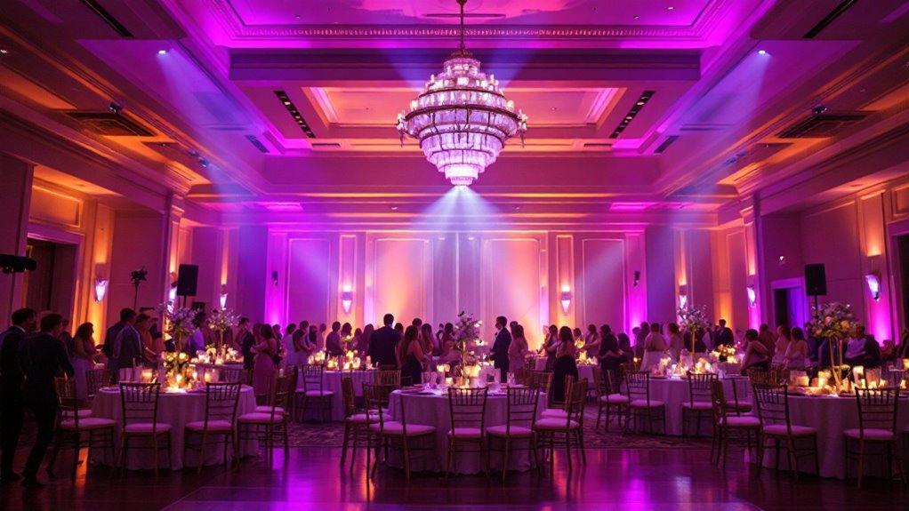 A banquet hall filled with people, round tables adorned with candles, elegant chairs, and a large chandelier under purple and pink wedding lighting.